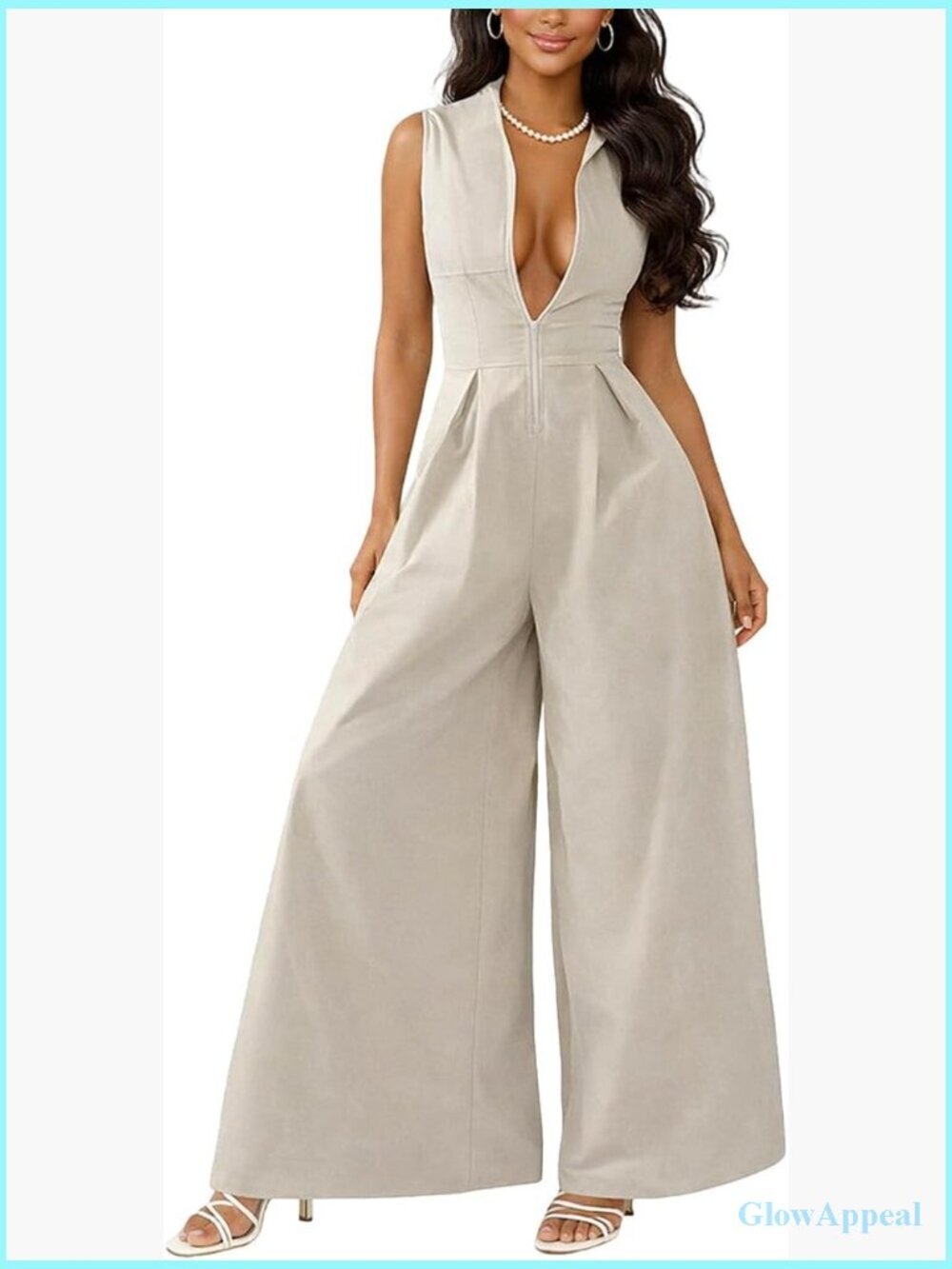 Sleeveless Mock Neck Wide Leg Jumpsuit with Pockets Dressy Formal Romper